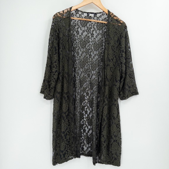 Double Take Sweaters - Vintage Green Lace Cardigan Women 3X Boho Witchy Earthy 90s Y2K Flowy Romantic